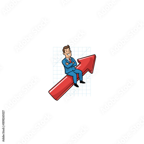 Businessman sitting on a red upward arrow representing growth and success.