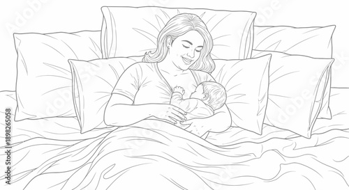 Mother Breastfeeding Baby in Bed.