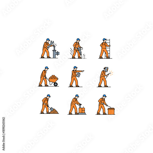 Construction Worker Performing Various Tasks Illustration.
