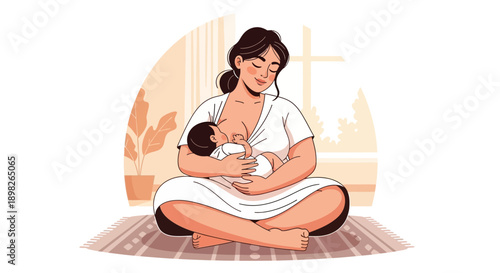 Mother Breastfeeding Baby on Floor Mat.