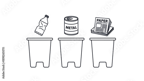 Visual guide for waste separation depicting a plastic bottle a metal can and paper items for proper recycling placement promoting environmental awareness and sustainable waste management