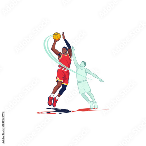 Dynamic basketball player in mid-air, attempting a shot while an opponent defends.