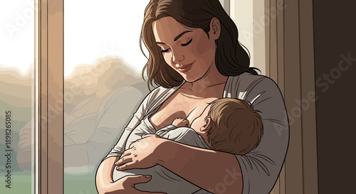 Mother Breastfeeding Baby by the Window.