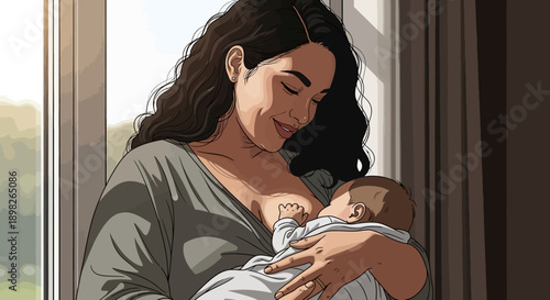 Mother Breastfeeding Baby Near Window.