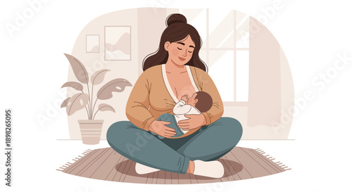 Mother Breastfeeding Baby Sitting on Rug.