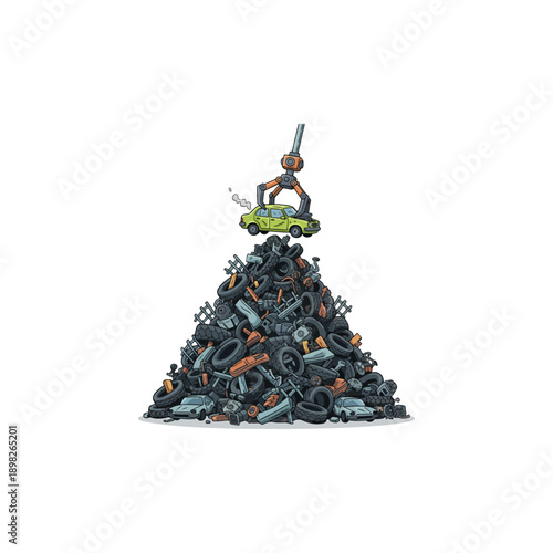 Giant claw adding a car to a massive pile of discarded tires and vehicle parts.