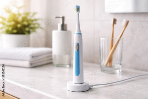 Charge. Electric toothbrush with blue accents stands on a marble countertop beside a glass with manual toothbrushes, a soap dispenser, and neatly stacked towels in a bright bathroom setting