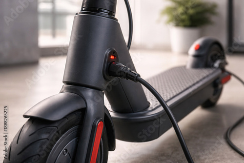 Electric scooter charging with power cable connected indoors, a potted plant in the background. Concept: micro mobility, electric transport, battery charging, urban commuting, eco lifestyle.