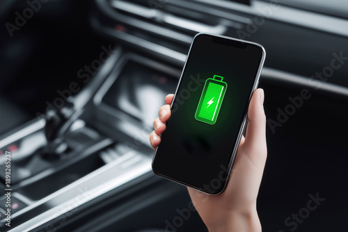 Charge. Hand holding a smartphone with charging battery icon on screen inside a modern car interior. Concept: mobile power, phone charging on the go, travel and transportation technology.