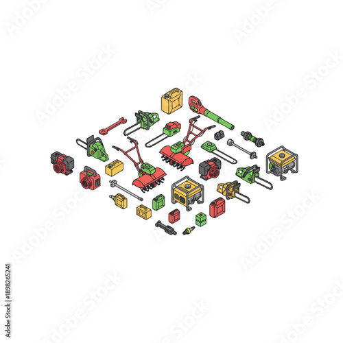 Isometric garden tools and equipment collection for outdoor work and landscaping.