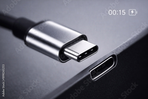 Charge. USB-C cable connector close-up near device charging port. Concept: data transfer, connection, power supply, modern technology interface.