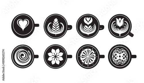 Latte Art Designs Set, Coffee Cup Top View, Various Patterns, Vector Icons, Stock