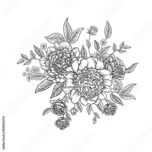 Blooming peonies. Black and white decoration. Vintage