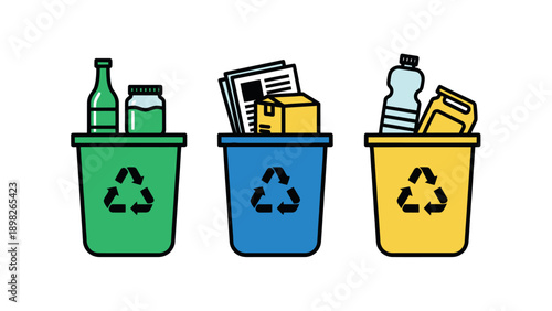 Colorful recycling bins for waste separation showing glass, paper, cardboard, and plastic materials, ideal for environmental awareness campaigns and sustainability education.