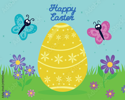 Easter banner with Easter egg and butterflies. A spring cartoon story with the inscription "Happy Easter Day". An illustration in a flat design. Vector illustration, postcard.