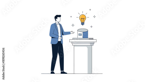 Professional businessman presenting a brilliant new idea or innovative concept displayed on a modern pedestal, suitable for business strategy and innovation presentations.