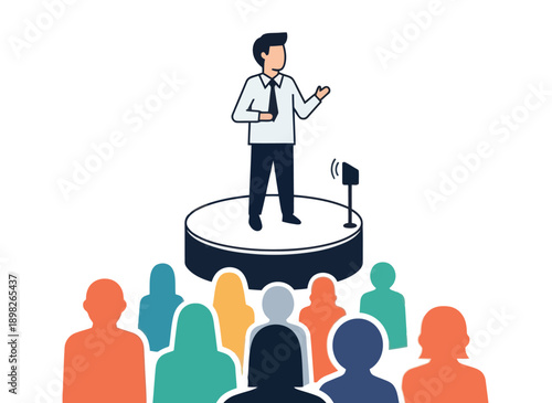 Professional speaker delivering a captivating presentation on a circular stage to an attentive audience, ideal for illustrating concepts of public speaking, leadership, education, and