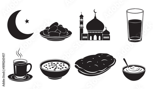 Ramadan Food Icons: Dates, Soup, Bread, Coffee, Yogurt, Mosque, Moon, Star, Glass