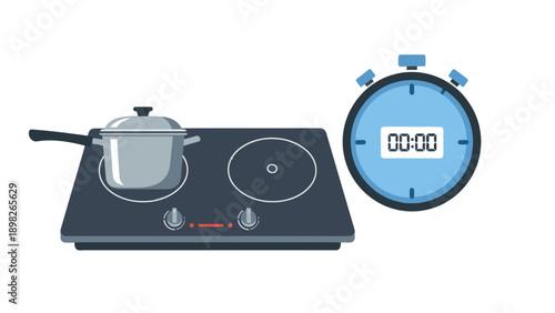 A modern kitchen induction cooktop features a sleek black surface with a saucepan on one burner and an accompanying digital stopwatch, ideal for cooking and recipe demonstration.
