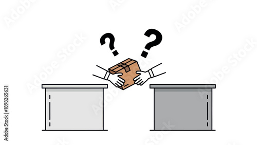 Uncertain hands exchange a mysterious cardboard package over a gap between two platforms symbolizing a challenging delivery process or unknown transaction logistics solution