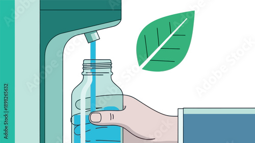 A person refills a reusable water bottle from a water dispenser promoting hydration and ecofriendly habits for a sustainable healthy lifestyle and environmental responsibility.