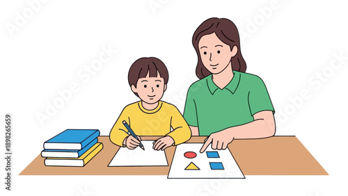 An Asian adult woman guides an Asian child boy in early education, teaching shapes and supervising writing practice at a table, ideal for educational content and parenting resources.