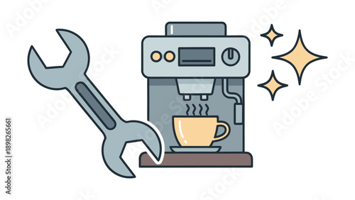 Professional coffee maker service and repair with a wrench ensuring a clean machine dispenses delicious steaming coffee for appliance care and maintenance guides
