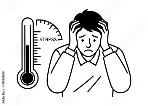 Distressed person with hands on head next to a stress meter showing high levels, symbolizing overwhelming pressure and mental health challenges for mental wellness or workload management