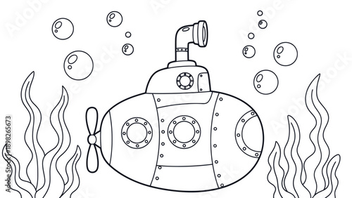 Underwater submarine exploration coloring page featuring a whimsical vessel with periscope and portholes surrounded by floating bubbles and swaying sea plants, suitable for engaging