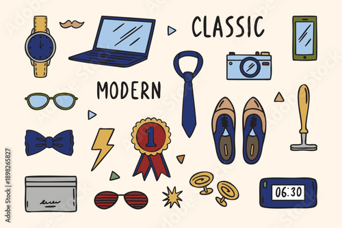 Modern classic icon set with alarm cardholder phone camera laptop tie shoes glasses lightning bow tie watch cufflinks stars mustache words modern classic