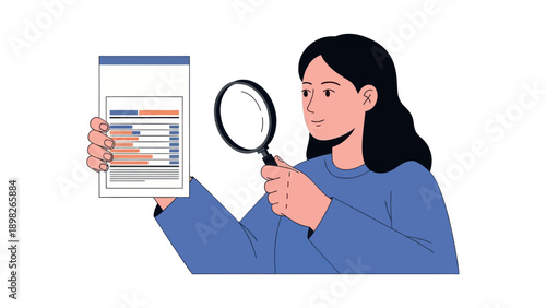 Professional woman intently examining a comprehensive document with a magnifying glass, performing data analysis or meticulous research for business insights or academic study.