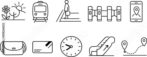 Collection of simple line art icons representing travel and transportation elements