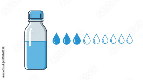 A simple graphic featuring a blue water bottle filled with liquid alongside a row of water drop icons, effectively illustrating hydration levels for health monitoring applications or