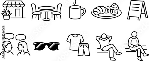 Collection of simple line art icons representing cafe, food, people, and leisure activities