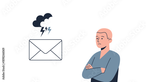 A concerned man with crossed arms looks at an envelope with a storm cloud and lightning bolts above it, symbolizing stress, bad news, or a challenging message for marketing and educational