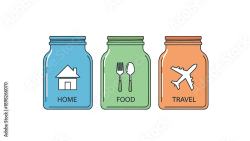 A visual representation of home, food, and travel expenses depicted in three distinct colored jars, perfect for financial planning, budgeting, and lifestyle management illustrations.