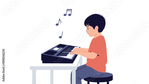 Young Asian boy focused on skillfully playing a digital keyboard, creating cheerful music, perfect for educational materials or childrens activity promotions