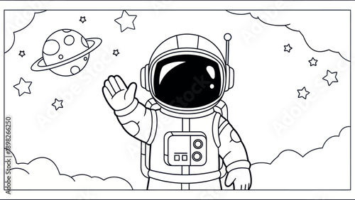 A friendly outer space astronaut waving hello near a ringed planet and stars, perfect for childrens educational materials and fun coloring books.