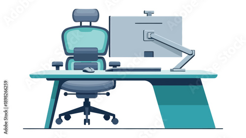 Modern office workspace featuring an ergonomic chair and a computer monitor setup on a desk, ideal for business, technology, or remote work related content