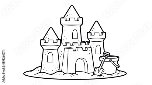 Adorable sandcastle with a shovel and bucket, perfect for childrens books, educational materials, summer vacation promotions, and beachthemed product packaging.