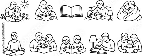Collection of simple line art illustrations depicting families and individuals reading books
