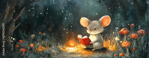 A whimsical scene of a mouse reading a book surrounded by glowing mushrooms in a magical forest.