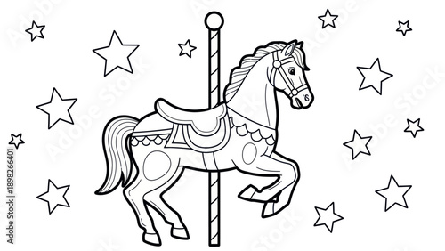 A charming line drawing of a classic carousel horse with a saddle and bridle, surrounded by stars, ideal for a childrens coloring page, activity book, or craft project.
