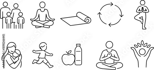 Collection of line art icons representing healthy lifestyle, family, and wellness activities