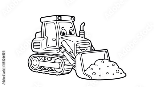 Friendly tracked loader construction vehicle with a bucket full of earth, ideal for childrens learning resources, construction themed media, or educational applications.