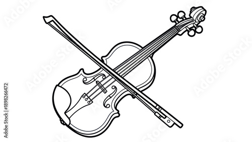 A crisp black outline drawing of a classic wooden violin with its bow resting diagonally, ideal for musical instrument lessons, concert promotions, and sleek graphic design layouts.