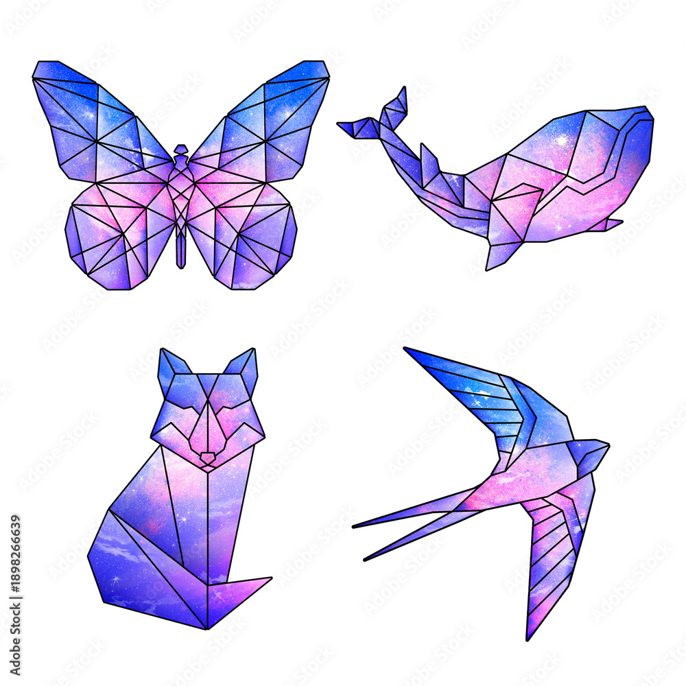 Fototapeta premium Purple galaxy patterned geometrical and crystalized animal sticker set