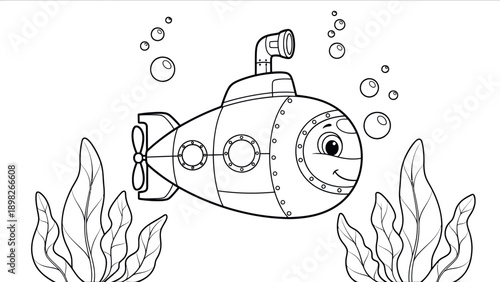A charming happy submarine equipped with a periscope and a propeller gracefully swims amidst rising air bubbles and vibrant seabed plants, perfect for educational childrens content.