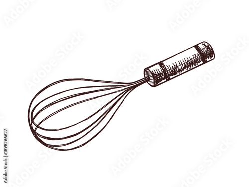 Hand drawn vintage sketch of metal kitchen whisk tool for baking and cooking, isolated on white background
