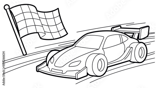 A dynamic black outline drawing of a powerful race car speeding past a checkered finish flag, suitable for coloring pages, educational materials, or automotive sports event promotions.